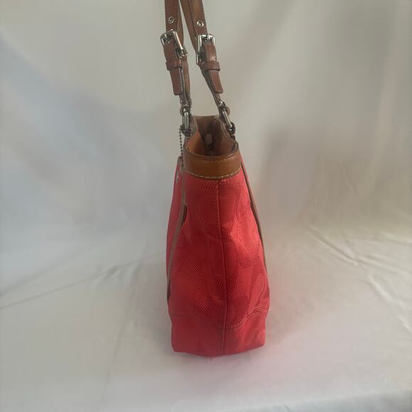 Coach Coral Signature Gallery Tote Bag Red Canvas Leather Monogram Handbag - Picture 4 of 15